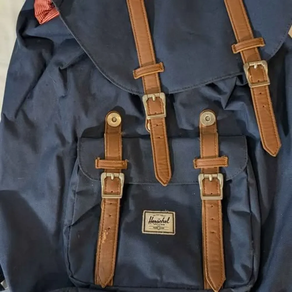 Herschel Supply Co Little America Backpack Navy Blue Tan Leather Trim Bookbag